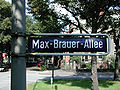 Road sign Max-Brauer-Allee in Hamburg (Germany)/Schild Max-Brauer-Allee in Hamburg (Ecke Hospitalstraße)