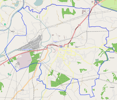 Mapa konturowa Skawiny, w centrum znajduje się punkt z opisem „Zbór Kościoła Zielonoświątkowego „Syloe” w Skawinie”