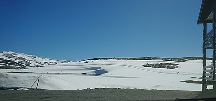 Cross-country skiing at Sognefjell mountain pass, early July.