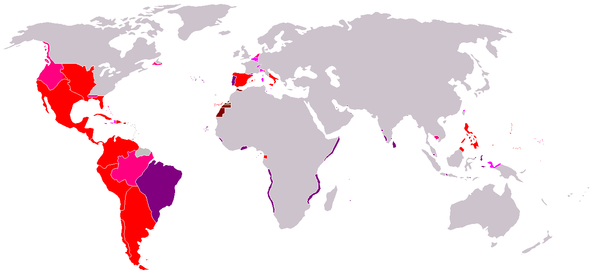 Mapa anacrónico que amosa as áreas que pertencían ao Imperio Español nalgún momento durante un período de 400 anos.       O Imperio español na súa maior expansión territorial ao redor de 1790       Rexións de influencia (exploradas e/o reclamadas pero nunca controladas) ou colonias en disputa ou de curto control       Posesións do Imperio Portugués gobernadas por España entre 1580-1640 por anexión dinástica       Territorios perdidos en ou despois de 1717 pola Paz de Utrecht       Marrocos e Sáhara Occidental 1884-1975