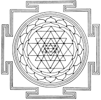 A diagramic drawing of the Sri Yantra, showing the outside square, with four T-shaped gates, and the central circle