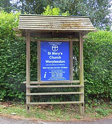 All Anglican churches in the area are part of the Diocese of Guildford, as shown on the noticeboard at St Mary the Virgin's Church, Worplesdon. St Mary the Virgin's Church, Worplesdon Road, Worplesdon (May 2014) (Noticeboard).JPG