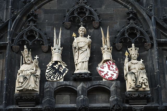 Coats of arms of the Holy Roman Empire and the Bohemian Crown on the Tower of Charles Bridge in Prague.