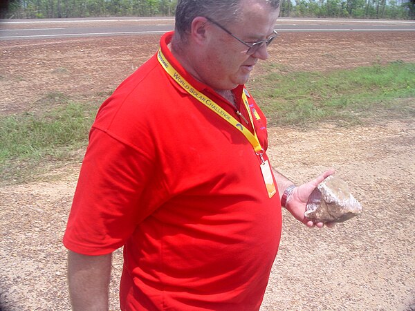 1/2 of the rock (it split in two upon impact) that caused the accident for the SunStang Solar Car Team at the 2007 World Solar Challenge SunStangCollisionRock.JPG