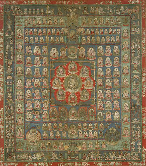 The Womb Realm mandala. The center square represents the young stage of Vairocana. He is surrounded by eight Buddhas and bodhisattvas (clockwise from 