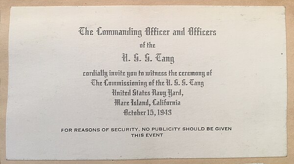 Original invitation for Tang's commissioning ceremony