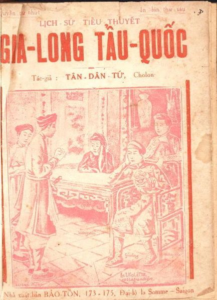 The cover of Tân Dân Tử's (1875–1955) 1930 book, Gia Long tẩu quốc, depicted the exile of Nguyễn Ánh.