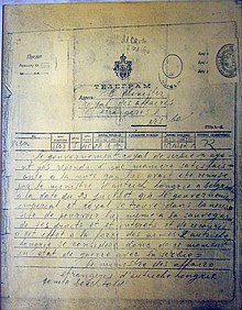 Austria-Hungary's telegram to the Kingdom of Serbia declaring war, 28 July 1914 TelegramWW1.jpg