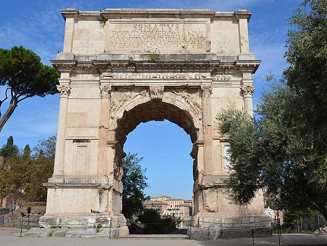 The Arch of Titus in Rome, an early Roman imperial triumphal arch with a single archway, built c. 81 AD by Emperor Domitian to commemorate his brother