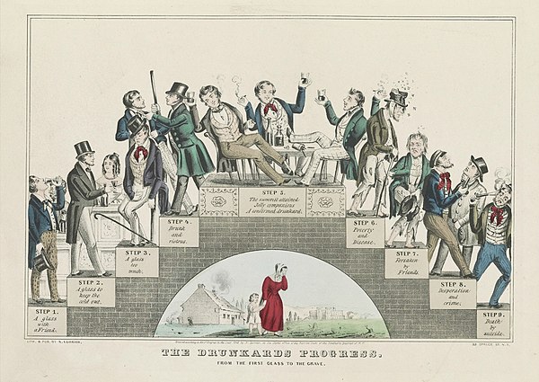 The Drunkard's Progress – moderate drinking leads to drunkenness and disaster: A lithograph by Nathaniel Currier supporting the temperance movement, 1