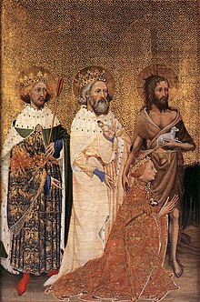 The young Richard II of England, kneeling, wears a houppelande of silk brocade with the badge of his livery. St John the Baptist wears his iconographical clothes, but the sainted English kings Edward the Confessor and Edmund the Martyr are in contemporary royal dress. The Wilton Diptych 1395-99 The Wilton Diptych (left).jpg