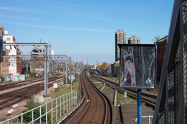 The view from Tower Gateway looking east prior to rebuilding shows Fenchurch Street approach tracks to the left and the DLR line in the centre. Just v