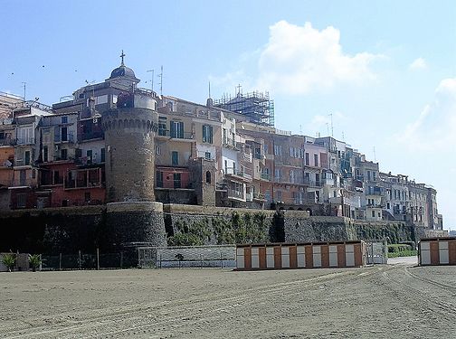 tower and walls in medieval village, Nettuno, Italy