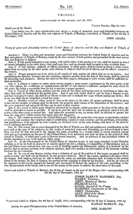 The ''Treaty of Tripoli'' as presented to Congress