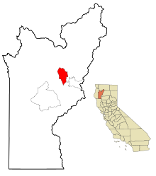 Trinity County Kalifornia Sisällytetyt ja rekisteröimättömät alueet Weaverville Highlighted.svg