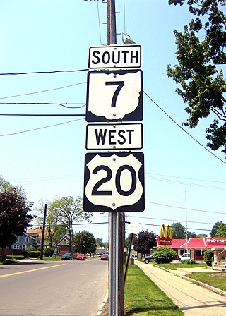 Sign for US 20 along with the sign for State Route 7 in Conneaut, Ohio