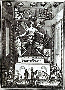 Representación difamatoria de Huitzilopochtli, llamado ”Uitziliputzili” en el libro francés Description de l'univers del 1683[29]​