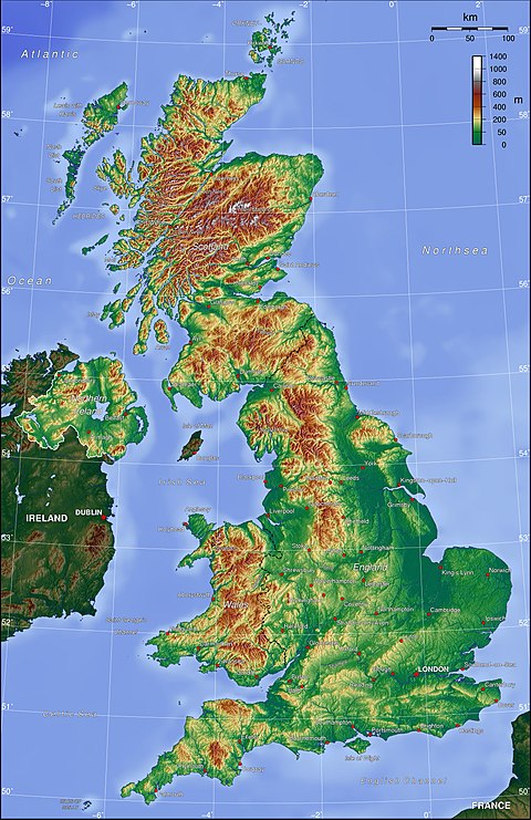 The United Kingdom showing hilly regions to north and west
