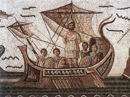 Roman warship with sails, oars, and a steering oar