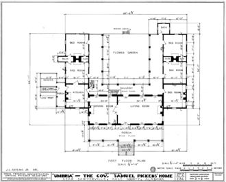 This floor plan of the principal floor, shows the U-shaped layout and central rear courtyard. Umbria Plantation - Architectural plan of main floor.png