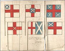 Projets de dessins pour un drapeau de l'Union, c. 1604. Charles Howard, 1er comte de Nottingham ajouté sa recommandation et sa signature au dessin du milieu sur la rangée inférieure. Aucun de ceux-ci n'a été adopté[6].