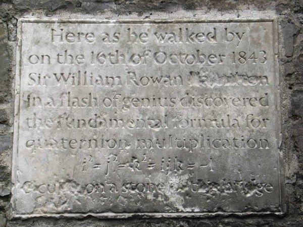 Plaque on Broom Bridge, commemorating where William Rowan Hamilton inscribed his formula for quaternions on 16 October 1843