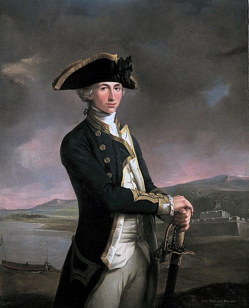 Captain Horatio Nelson, painted by John Francis Rigaud in 1781, with Fort San Juan—the scene of his most notable achievement up to that point—in the b