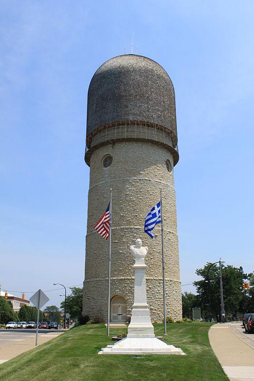 A bust of Demetrius Ypsilantis in front of the Ypsilanti Water Tower in Ypsilanti Michigan, United States.