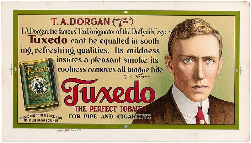 File:"PATTERSON'S TUXEDO TOBACCO" trolley advertising sign (T.A.Dorgan endorsement).jpg