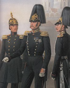 Coronel, general y oficial en jefe de los Salvavidas del Regimiento Jaeger en cascos arr.  1849.  Fragmento de una pintura de A. I. Goebbens, 1853