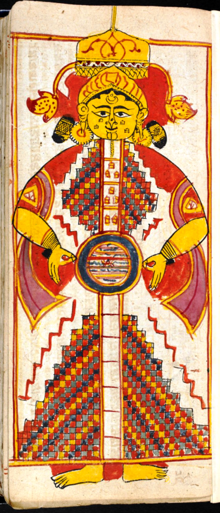 Fourteen Rajaloka or Triloka depicted as cosmic man. Miniature from 17th century, Samgrahaniratna by Sricandra, in Prakrit with a Gujarati commentary. Jain Svetambara cosmological text with commentary and illustrations. 14 Rajaloka or Triloka, 17th century.png