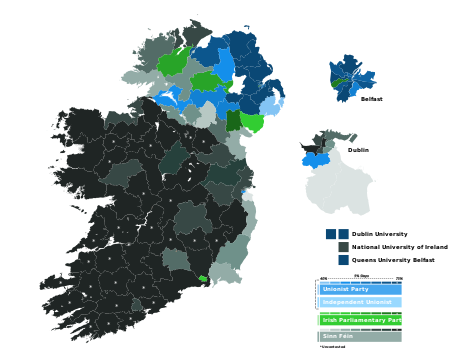 The results of the 1918 Irish general election, in which Sinn Féin and the Irish Parliamentary Party won the majority of votes on the island of Ireland, shown in the color green and light green respectively, with the exception being primarily in the East of the province of Ulster.