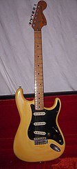 1976 Stratocaster, with black pickguard, large "CBS headstock" and "bullet" truss rod