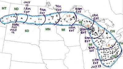 Map of the Right Turn Derecho (courtesy of NOAA) 1995jul12-13rpts.jpg