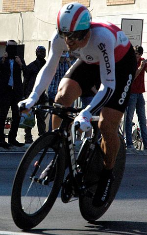 Fabian Cancellara won bronze. 2013 UCI Road World Championships, Fabian Cancellara at the men's time trial.JPG