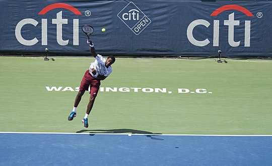 Gael Monfils, shown here serving in 2016, won the 2016 Washington Open title.