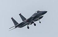 A US Air Force F-15C Eagle, tail number 85-0115, on final approach at Kadena Air Base in Okinawa, Japan