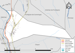 Carte en couleur présentant le réseau hydrographique de la commune