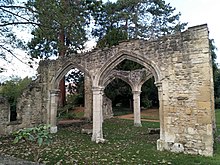 Trendell's Folly in the Abbey Gardens, dating to the 19th century. The Abbey Church was originally situated on this site. Abingdon Abbey Ruins 102018.jpg