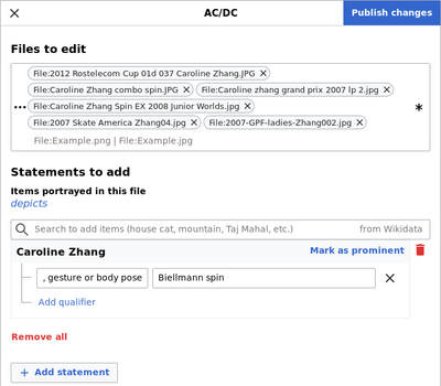 AC/DC [publish changes button]; Files to edit: [six filenames]; Statements to add: depicts Caroline Zhang with expression, gesture or body pose Biellmann spin; [add statement button]