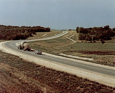 US-169 northeast of Paola, Kan., is a modern two-lane highway built on right-of-way acquired for a four-lane expressway. A second pair of lanes can be added in a few years when the traffic volume warrants it.