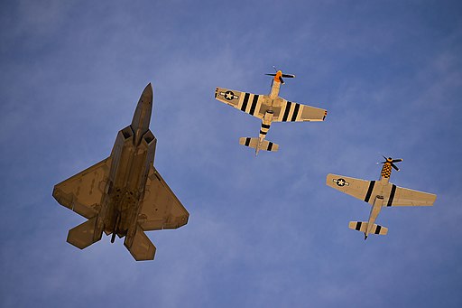 An F-22 Raptor performs a heritage flight during the 2017 Heritage Flight Training Course (32110192934)