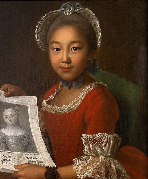 Portrait of Kalmyk serf girl in western dress by Ivan Argunov, 1767