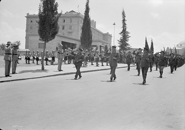 Anzac Day, Jerusalem, 25 April 1940. The march past the GOC, Lieutenant-General George Giffard, led by Generals Allen, Freyberg and Morris.