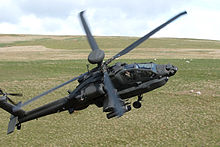 An Apache helicopter from 4 Regiment, 656 Squadron Army Air Corps, during live firing training at Otterburn Ranges in Northumberland. Apache Helicopter MOD 45150283.jpg