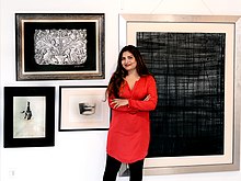 Artist Soraya Sikander with her untitled landscape painting in black.jpg