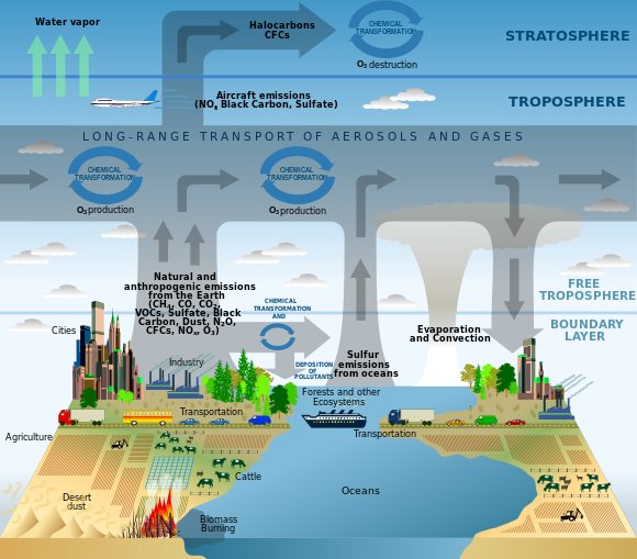 Schematic of chemical and transport processes related to atmospheric composition