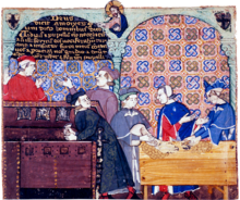 A 14th century manuscript depicting bankers in an Italian counting house. Avarice1.png