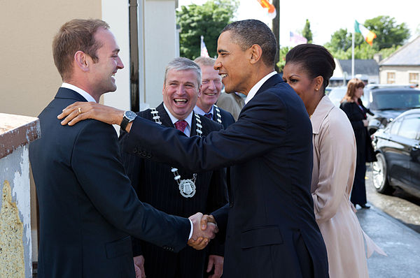 Henry Healy greets his eighth cousin, Barack Obama