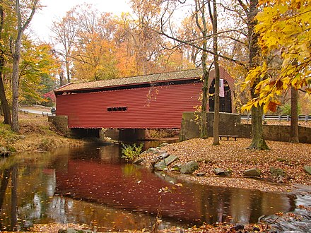Bartram's Covered Bridge, built 1860 west of Newtown Square, crosses Crum Creek into Chester County.